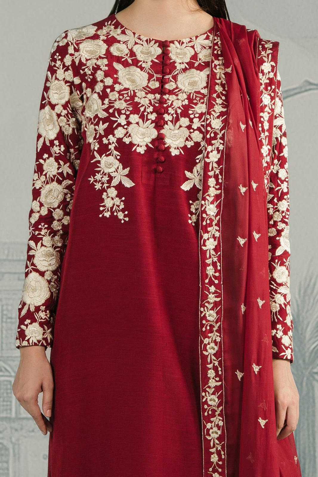 Crimson Royale – 3-Piece Embroidered Raw Silk Suit