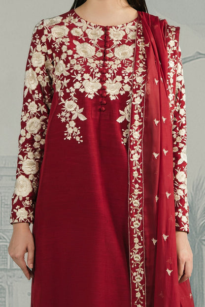 Crimson Royale – 3-Piece Embroidered Raw Silk Suit