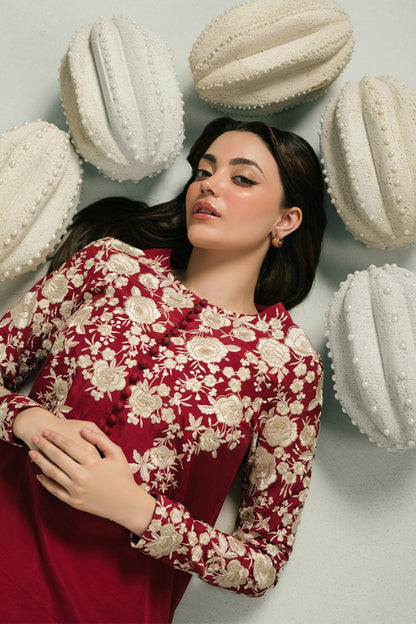 Crimson Royale – 3-Piece Embroidered Raw Silk Suit