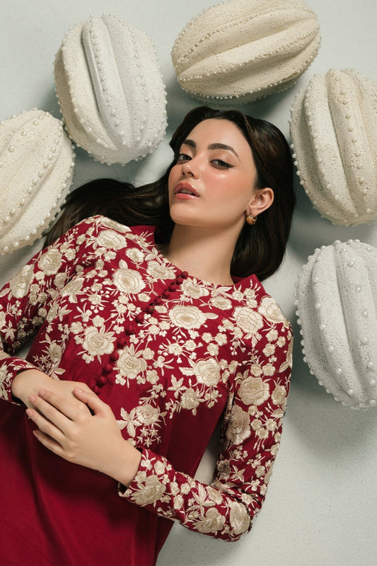 Crimson Royale – 3-Piece Embroidered Raw Silk Suit