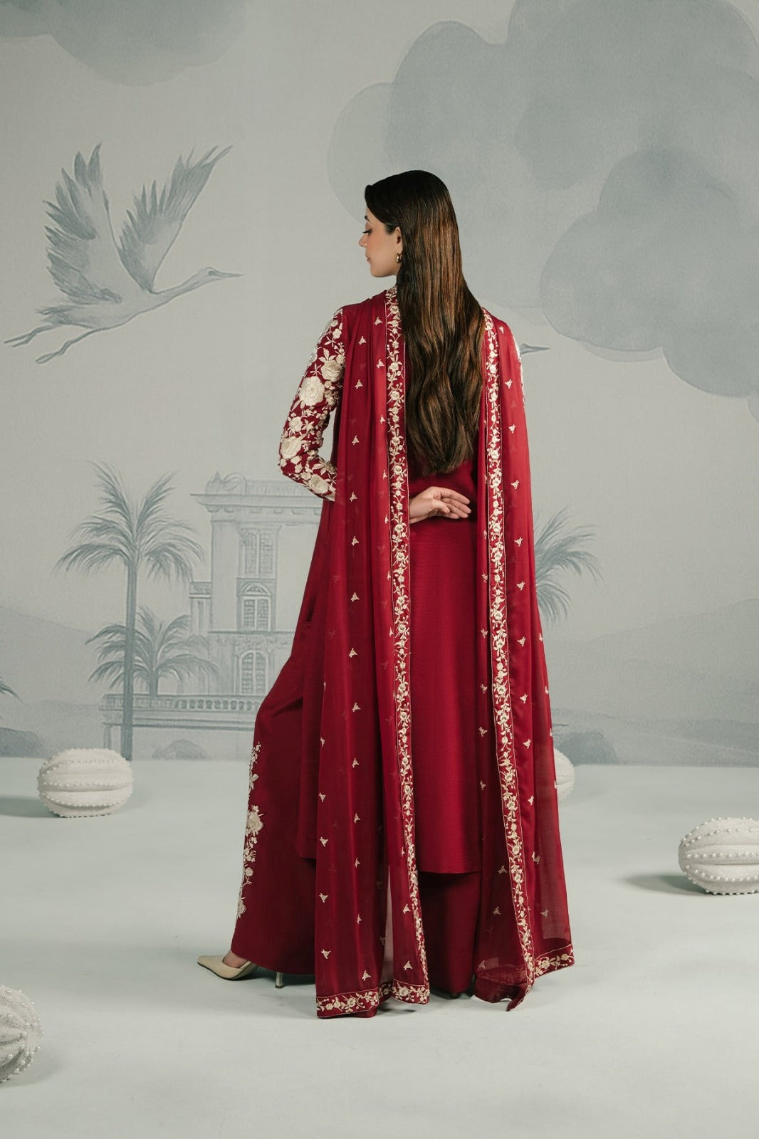Crimson Royale – 3-Piece Embroidered Raw Silk Suit
