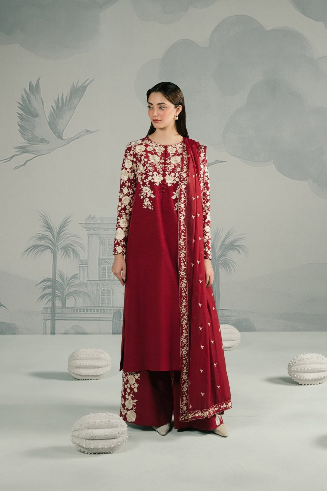 Crimson Royale – 3-Piece Embroidered Raw Silk Suit