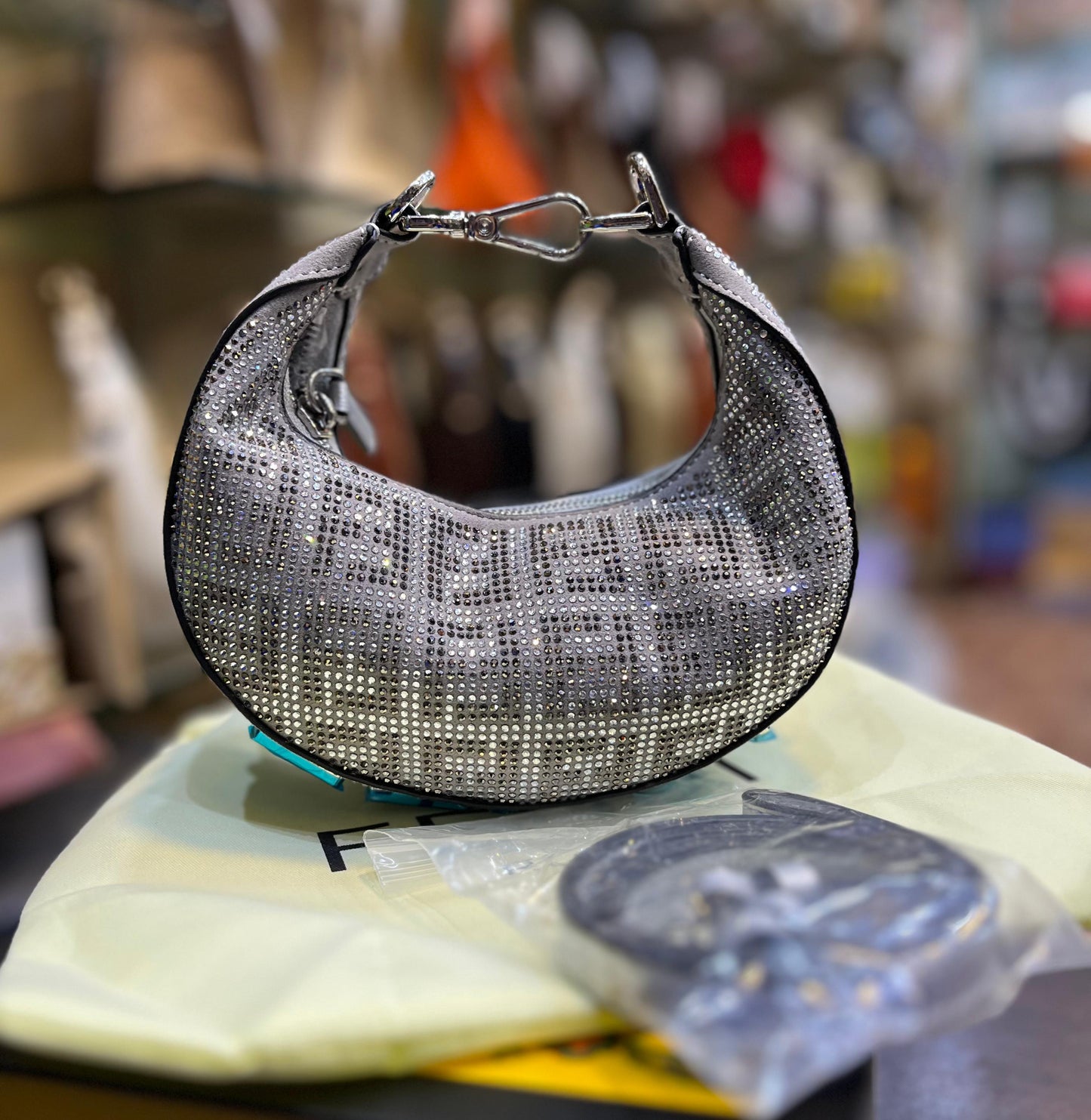 FENDI NANO FENDIGRAPHY CRYSTAL CHARM – Women Bag (Silver Grey)