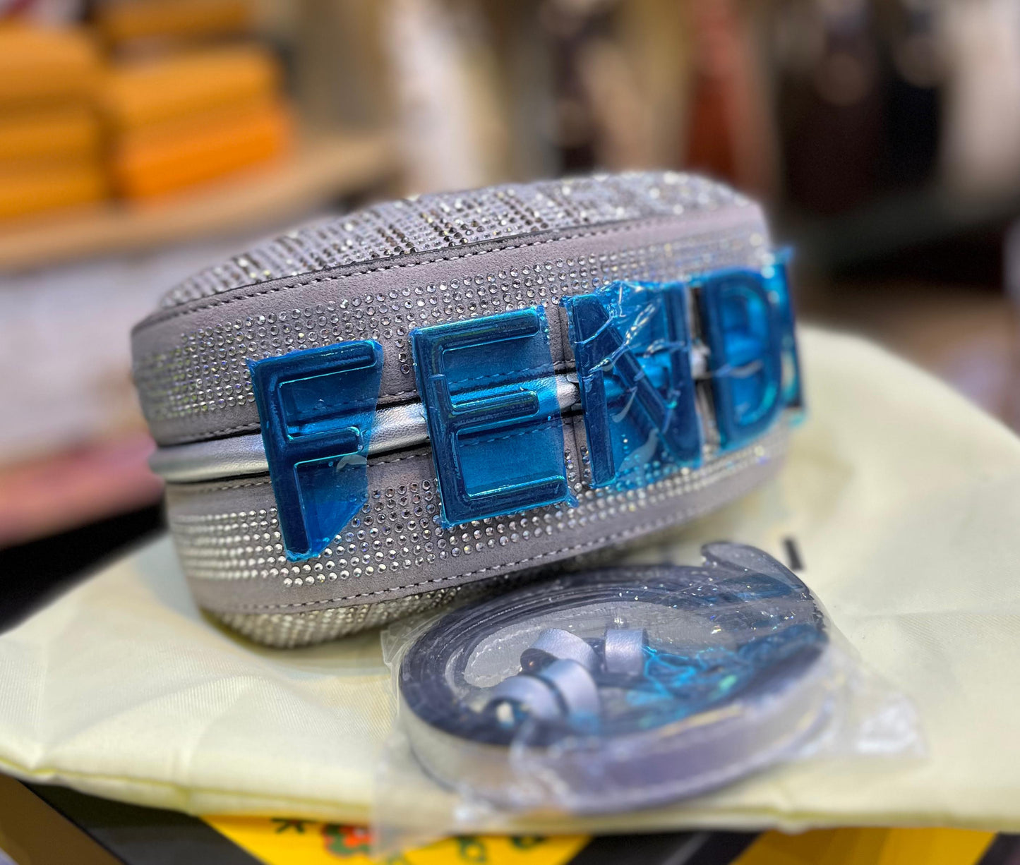 FENDI NANO FENDIGRAPHY CRYSTAL CHARM – Women Bag (Silver Grey)