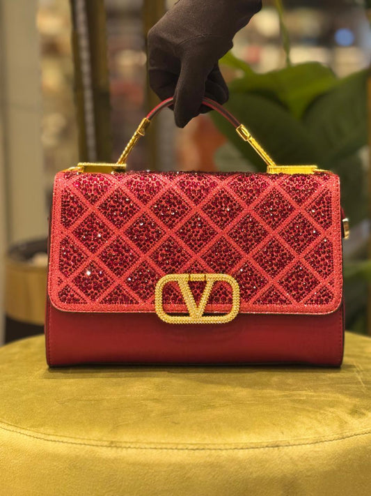 V-A-L-E-N-T-I-N-O STONE HANDBAG WITH LONG STRAP – Women Bag (Red)