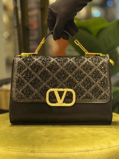 V-A-L-E-N-T-I-N-O STONE HANDBAG WITH LONG STRAP – Women Bag (Black)