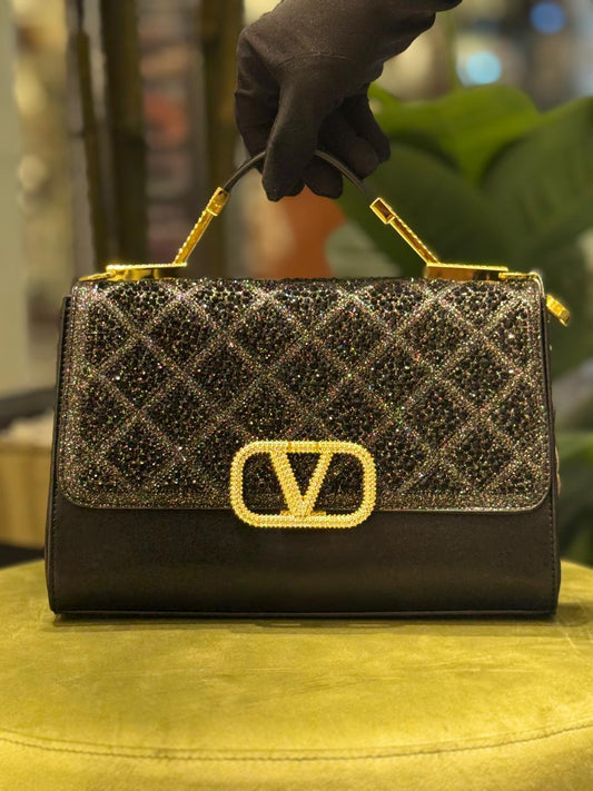 V-A-L-E-N-T-I-N-O STONE HANDBAG WITH LONG STRAP – Women Bag (Black)