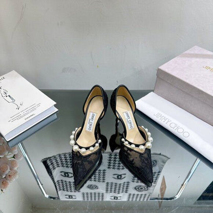 J-I-M-M-Y C-H-O-O AURELIE 85 PEARL-EMBELLISHED HEEL PUMPS – WOMEN SHOES (Black Design A)