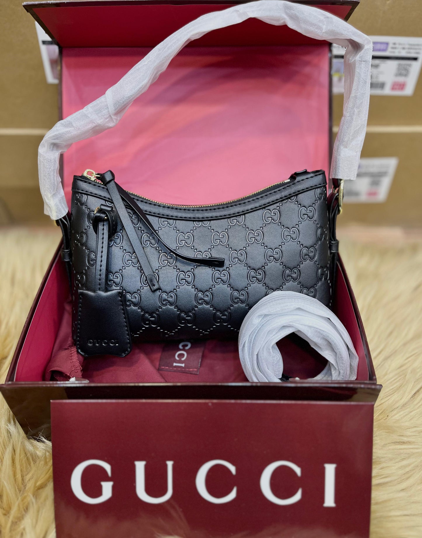 G-U-C-C-I GG EMBOSSED LEATHER SHOULDER – Women Bag (Black)