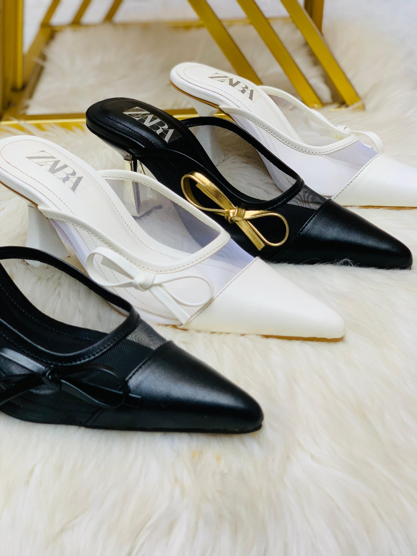 Z-A-R-A Net Tie Pointy Heel – Re-Stock | Premium Quality | With Brand Box (White)