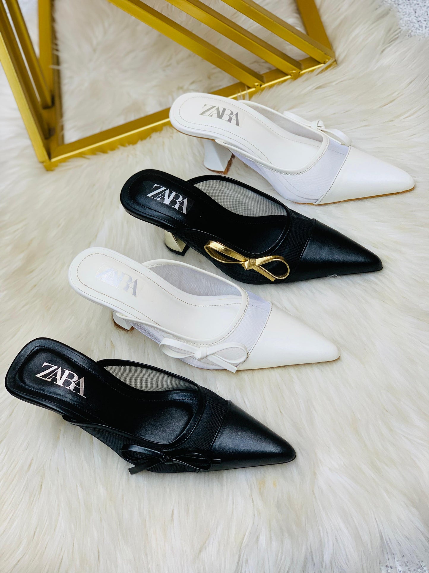 Z-A-R-A Net Tie Pointy Heel – Re-Stock | Premium Quality | With Brand Box (White)