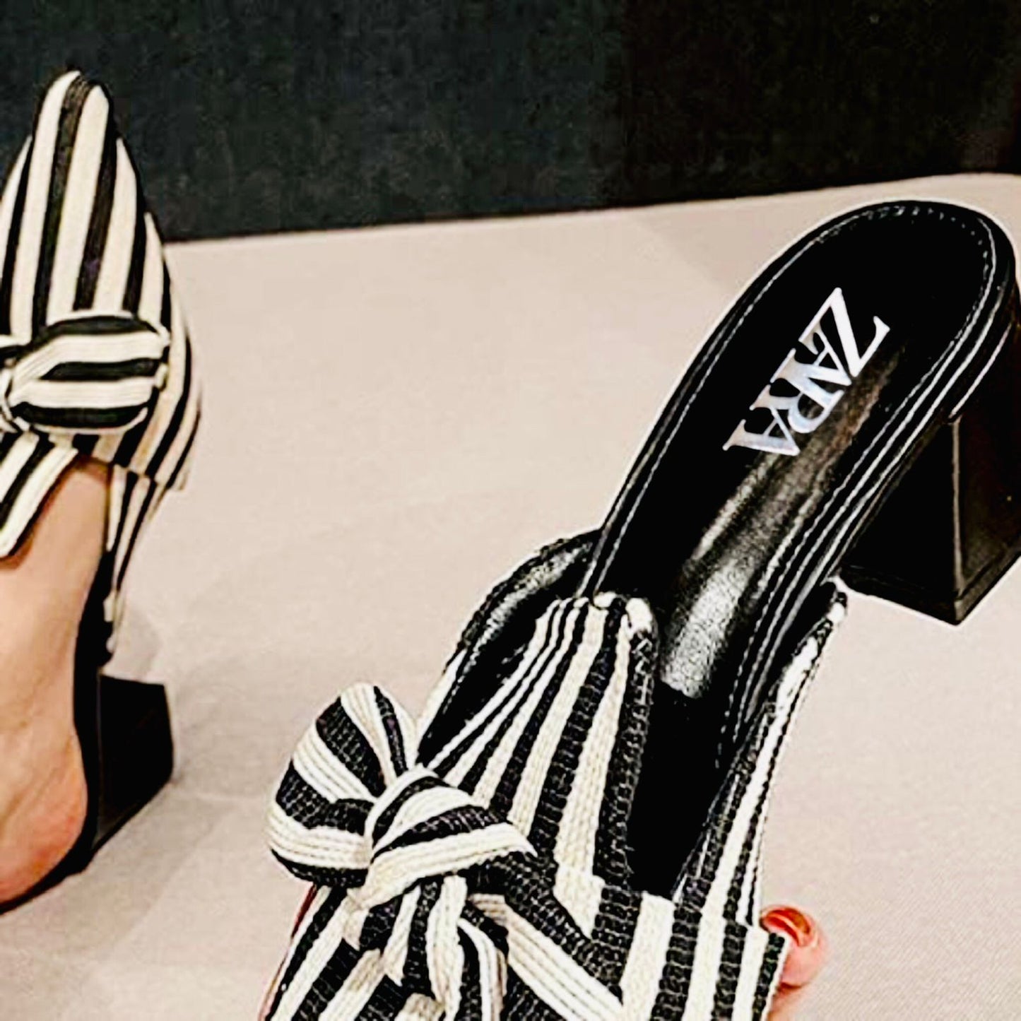 Z-A-R-A Re-Stock Strips Block Heel – Premium Women Heels | Official Model (Black & White)
