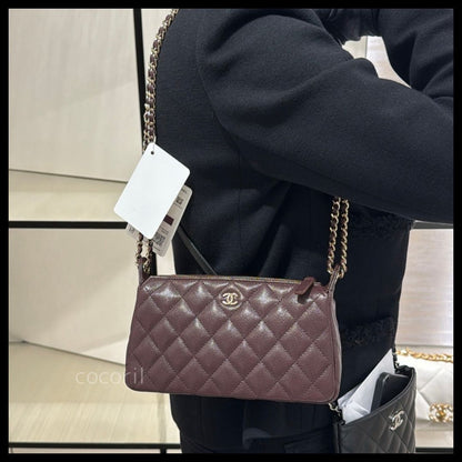 C-H-A-N-E-L 25A Double Chain Bag – Caviar Leather Women Shoulder Bag with GHW (Maroon)