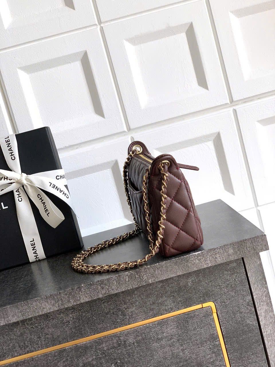 C-H-A-N-E-L 25A Double Chain Bag – Caviar Leather Women Shoulder Bag with GHW (Maroon)