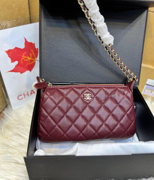C-H-A-N-E-L 25A Double Chain Bag – Caviar Leather Women Shoulder Bag with GHW (Maroon)