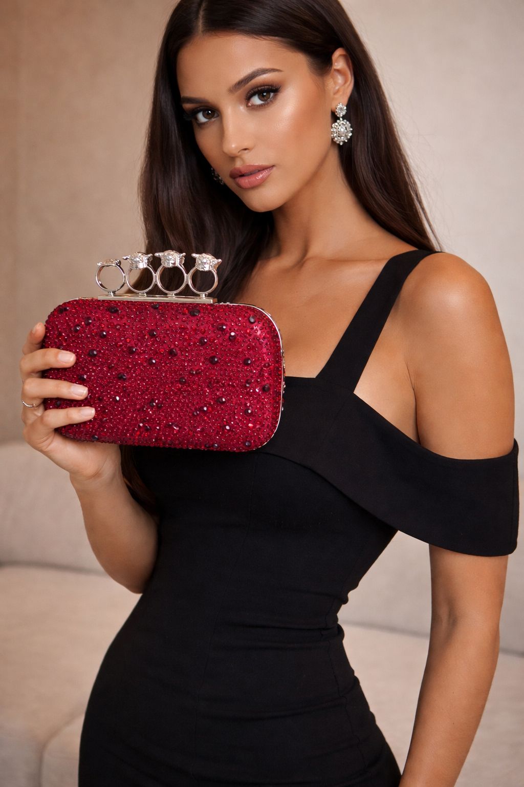 A-L-E-X-A-N-D-E-R M-C-Q-U-E-E-N Skull Knuckle Embellished Clutch – Women Bag (Red)