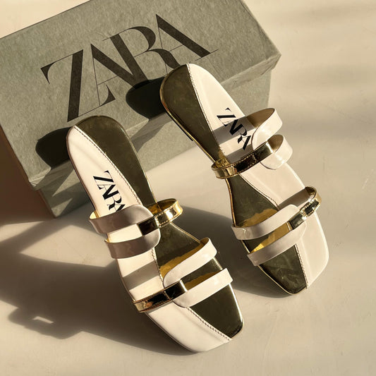 Z-A-R-A Fancy Flat Slippers – Soft & Comfortable Women Footwear | White/Gold