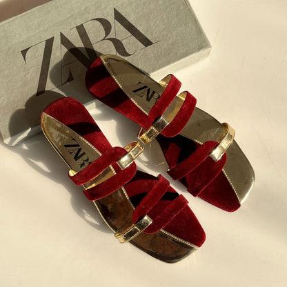 Z-A-R-A Fancy Flat Slippers – Soft & Comfortable Women Footwear | Red/Gold