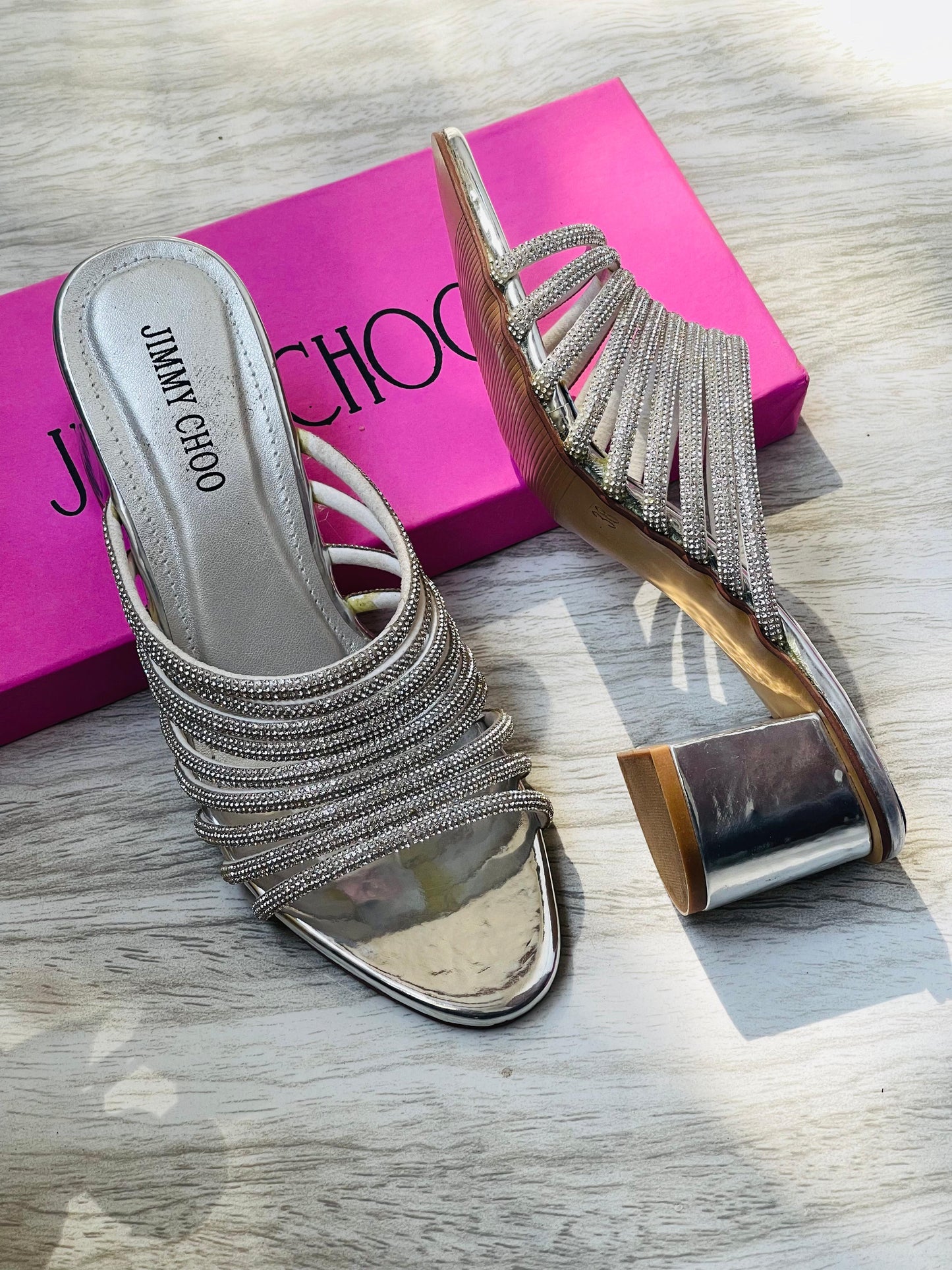 J-I-M-M-Y C-H-O-O Mashe Crystal Heels | Super Premium Edition (Silver)