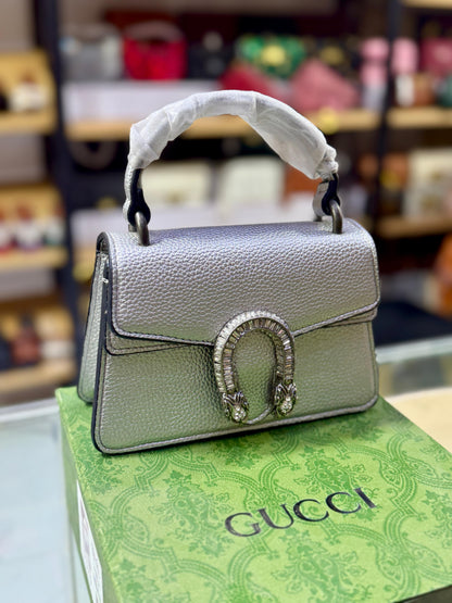 G-U-C-C-I Luxury Leather Finish Women Bag | Signature Edition (Silver)