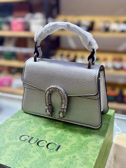 G-U-C-C-I Luxury Leather Finish Women Bag | Signature Edition (Silver)