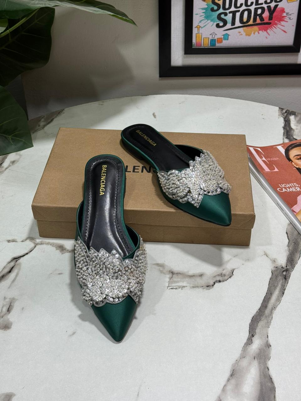 B-A-L-E-N-C-I-A-G-A New Arrival Flats – Embroidered Women Footwear | Premium Edition (Green)