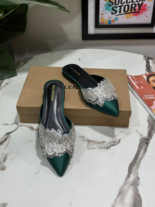 B-A-L-E-N-C-I-A-G-A New Arrival Flats – Embroidered Women Footwear | Premium Edition (Green)