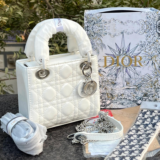 D-I-O-R Luxury Mini Patent Lady Style Women Bag – Black | Premium Edition (White)
