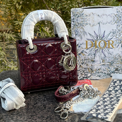 D-I-O-R Luxury Mini Patent Lady Style Women Bag – Black | Premium Edition (Maroon)