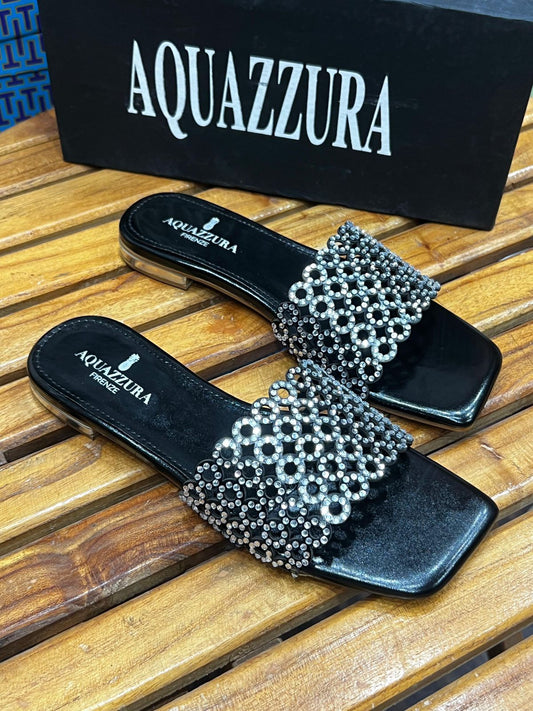 A-Q-U-A-Z-Z-U-R-A Inspired Ring Stone Flat – Elegant Women Footwear | (Black)