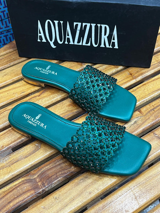 A-Q-U-A-Z-Z-U-R-A Inspired Ring Stone Flat – Elegant Women Footwear | (Green)