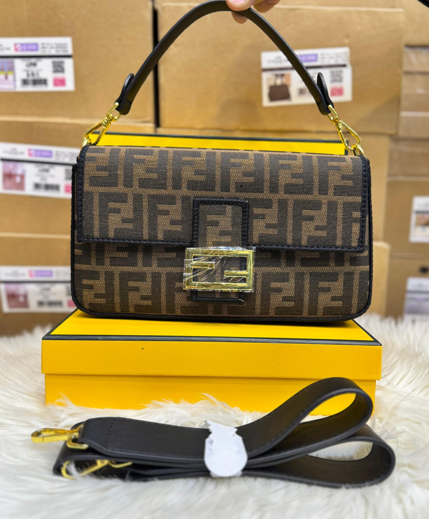 F-E-N-D-I Inspired FF Jacquard Tobacco Brown Women Bag – Brown-1