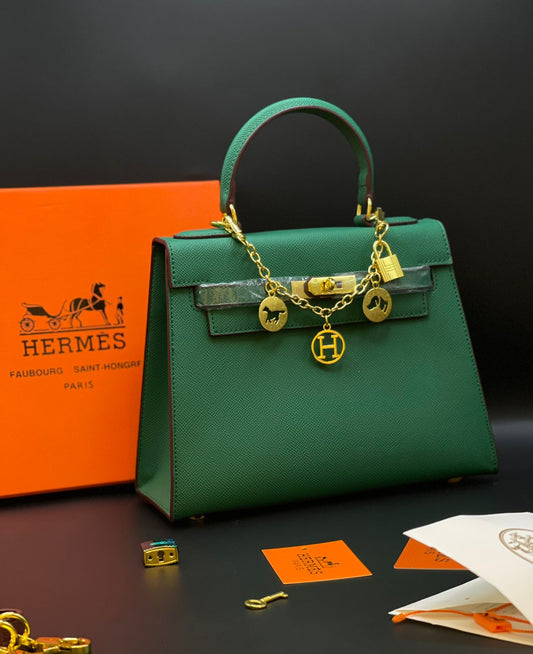 H-E-R-M-È-S Kelly Luxury Structured Top Handle Women Bag With Charm – Premium Edition (Green)