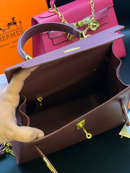 H-E-R-M-È-S Kelly Luxury Structured Top Handle Women Bag With Charm – Premium Edition (Pink-2)