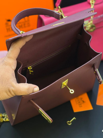 H-E-R-M-È-S Kelly Luxury Structured Top Handle Women Bag With Charm – Premium Edition (Pink-2)