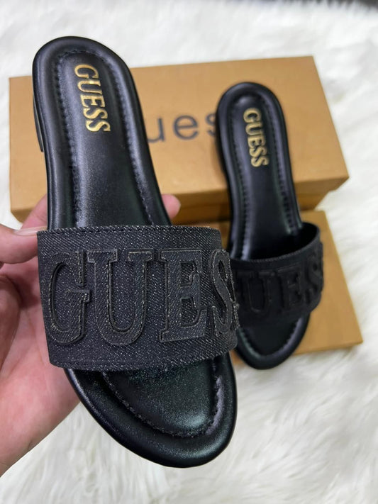 G-U-E-S-S Luxury Denim Flat Slippers | Chic Casual Edition (Black)