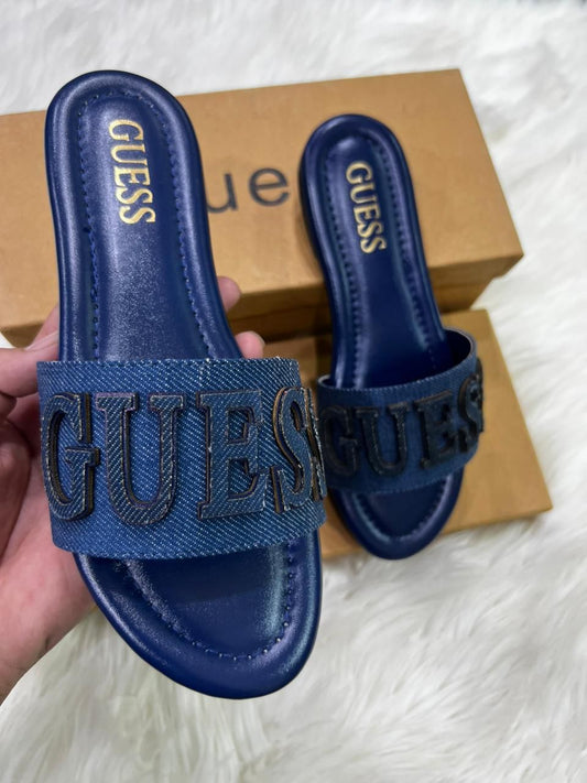 G-U-E-S-S Luxury Denim Flat Slippers | Chic Casual Edition (Blue)