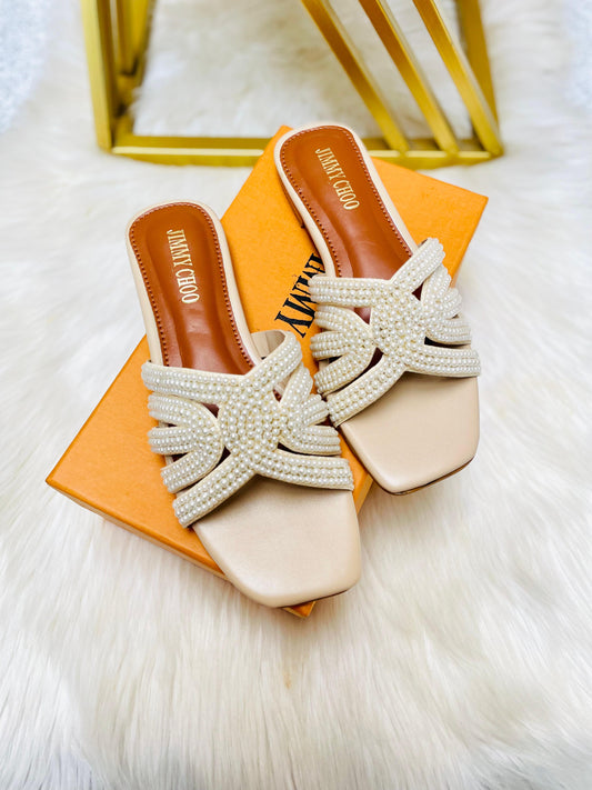 J-I-M-M-Y C-H-O-O Luxury Pearl Flat Slippers | Elegant Edition (Beige)