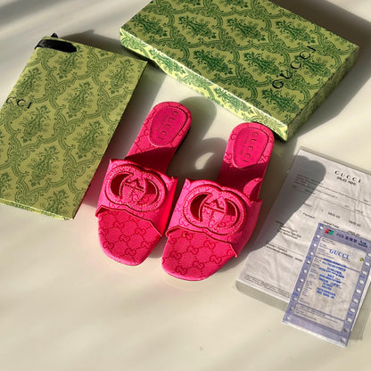 G-U-C-C-I Luxury Monogram Canvas Slides – Premium Women Footwear | Square Toe Edition (Pink)