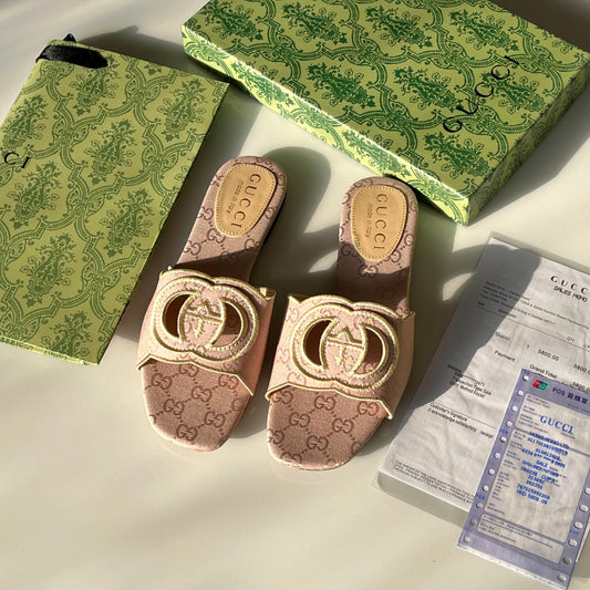 G-U-C-C-I Luxury Monogram Canvas Slides – Premium Women Footwear | Square Toe Edition (Beige)