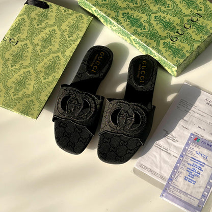G-U-C-C-I Luxury Monogram Canvas Slides – Premium Women Footwear | Square Toe Edition (Black)