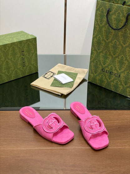 G-U-C-C-I Luxury Monogram Canvas Slides – Premium Women Footwear | Square Toe Edition (Pink)
