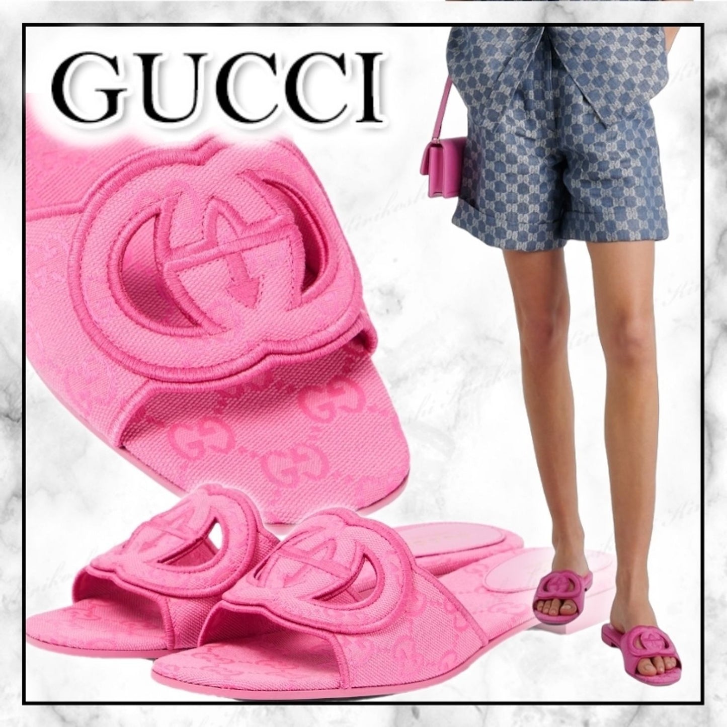 G-U-C-C-I Luxury Monogram Canvas Slides – Premium Women Footwear | Square Toe Edition (Pink)