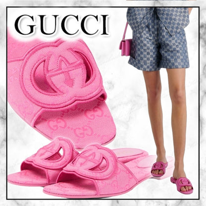 G-U-C-C-I Luxury Monogram Canvas Slides – Premium Women Footwear | Square Toe Edition (Pink)