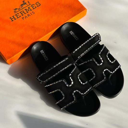 H-E-R-M-È-S Luxury Chypre-Inspired Stone Embellished Sandals – Premium Women Footwear (Black)