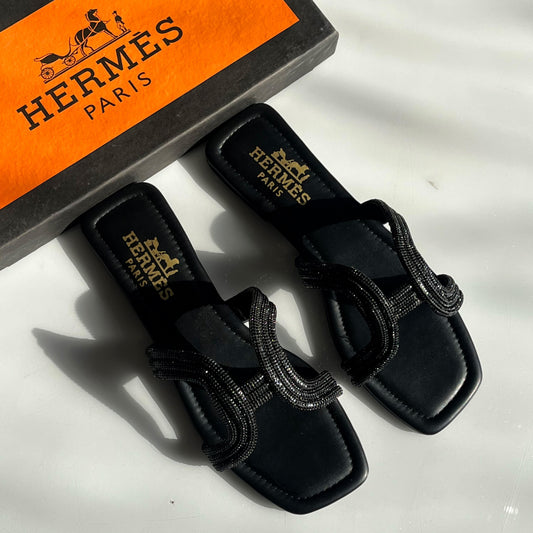 H-E-R-M-È-S Flat Mesh Slippers – Elegant Women Footwear (Black)