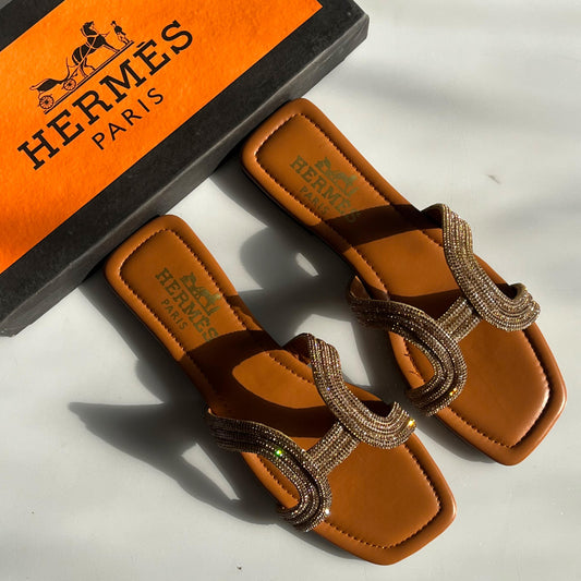 H-E-R-M-È-S Flat Mesh Slippers – Elegant Women Footwear (Brown)