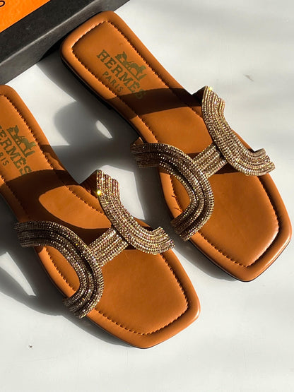 H-E-R-M-È-S Flat Mesh Slippers – Elegant Women Footwear (Brown)