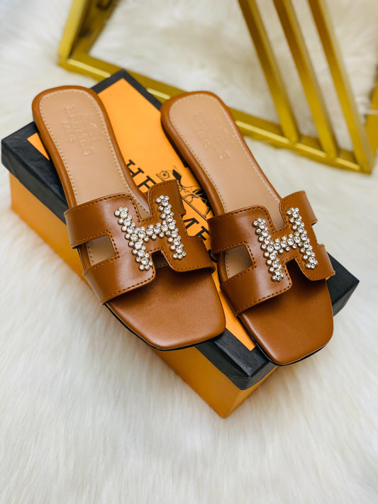 H-E-R-M-È-S Stone Flat Slippers – Elegant Women Footwear (Brown)