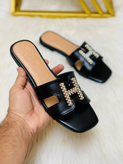 H-E-R-M-È-S Stone Flat Slippers – Elegant Women Footwear (Black)